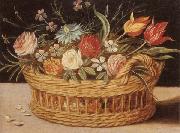 Still life of roses,tulips,chyrsanthemums and cornflowers,in a wicker basket,upon a ledge unknow artist